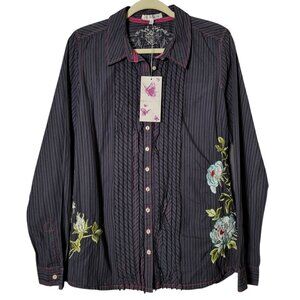 Johnny Was 3J Workshop Womens Blue Floral Embroidered Pleated Brooke Raw Shirt L